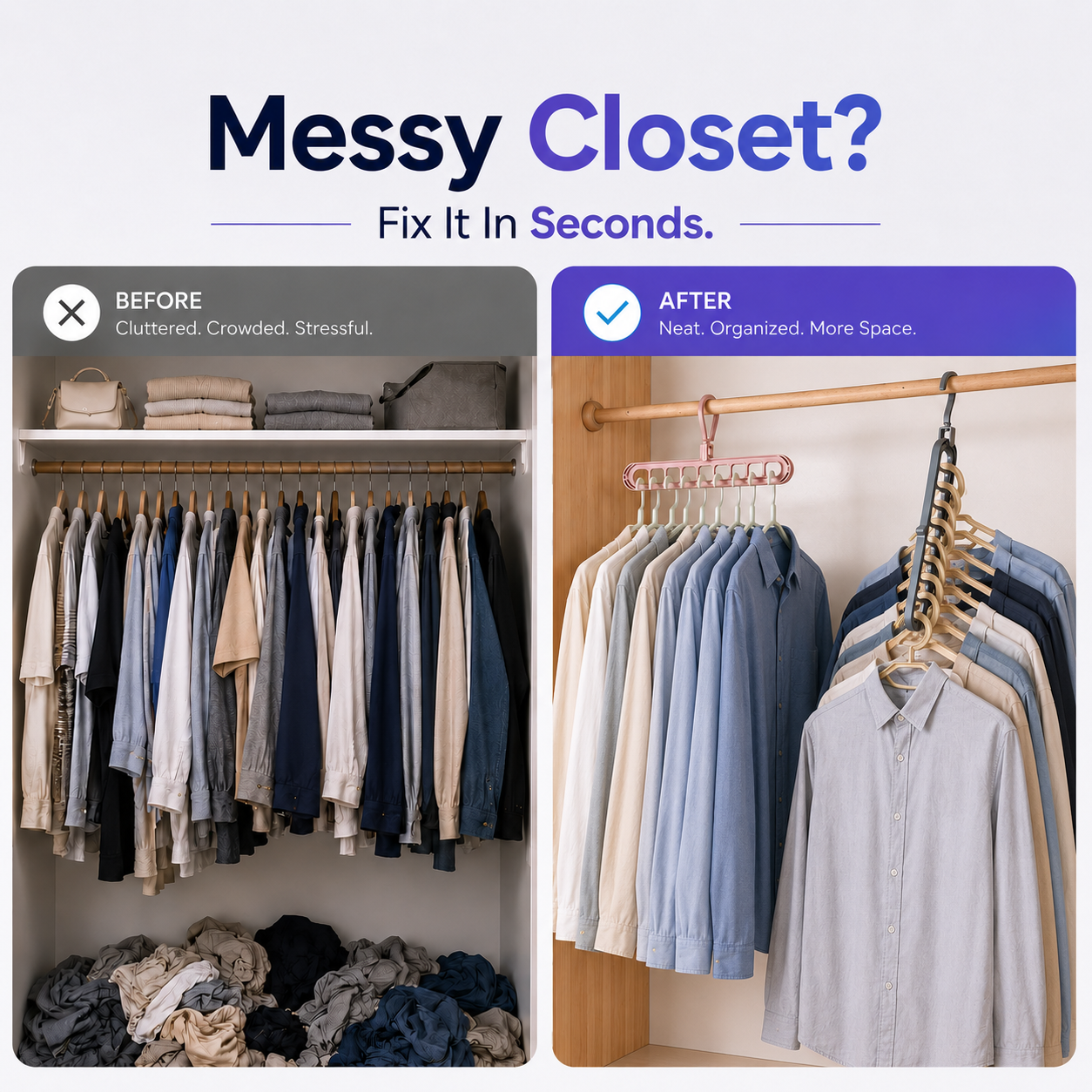 Space saving hangers organizing a small apartment closet, clothes neatly stacked vertically to free up rod space