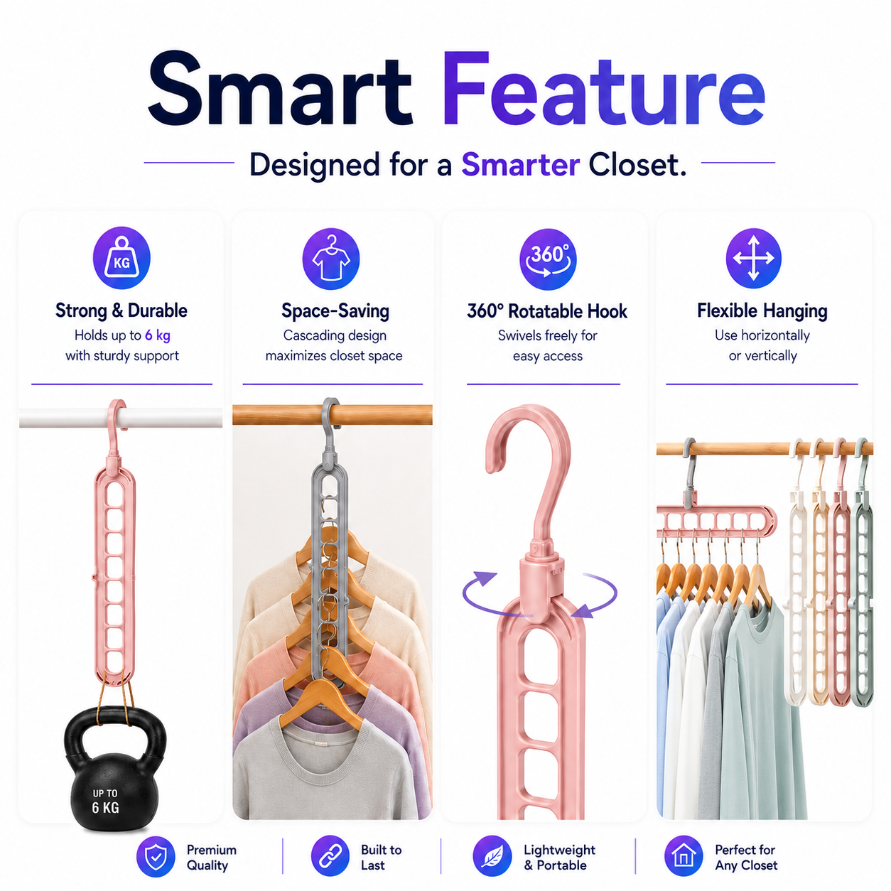9-hole closet organizer hanger with 360-degree rotating hook shown in a tidy wardrobe
